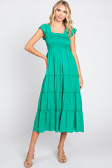 Green Satin Square Ruffle Neck Smocked Sleeveless Midi Dress