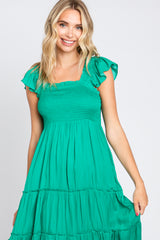 Green Satin Square Ruffle Neck Smocked Sleeveless Midi Dress