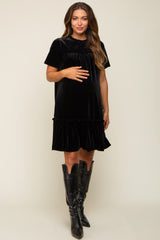 Black Ruffle Accent Velvet Maternity Dress