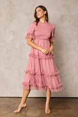 Pink Polka Dot Tulle Smocked Maternity Midi Dress