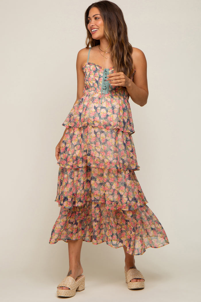 Navy Floral Sleeveless Tiered Maternity Maxi Dress