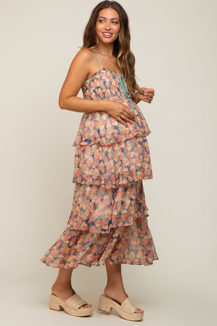 Navy Floral Sleeveless Tiered Maternity Maxi Dress
