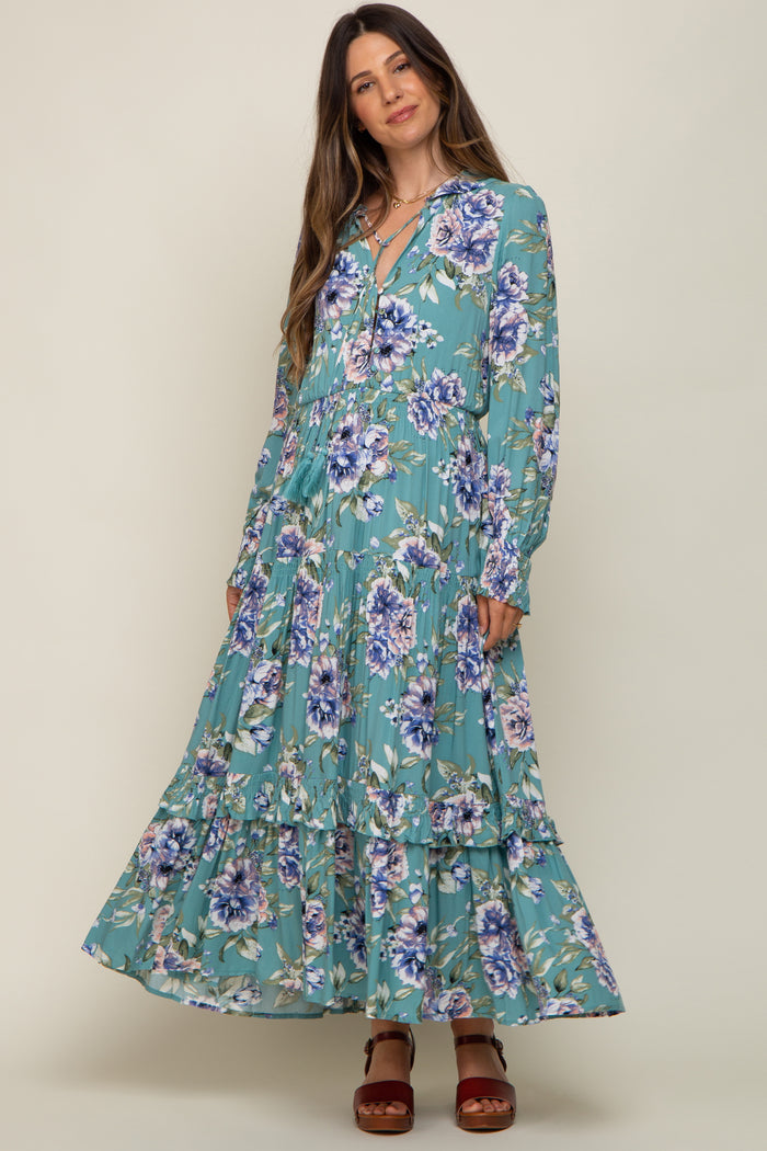 Jade Floral Smocked Ruffle Neck Maternity Maxi Dress