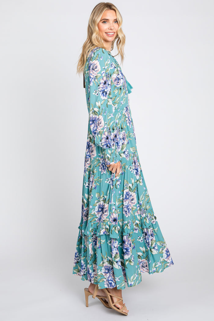 Jade Floral Smocked Ruffle Neck Maxi Dress