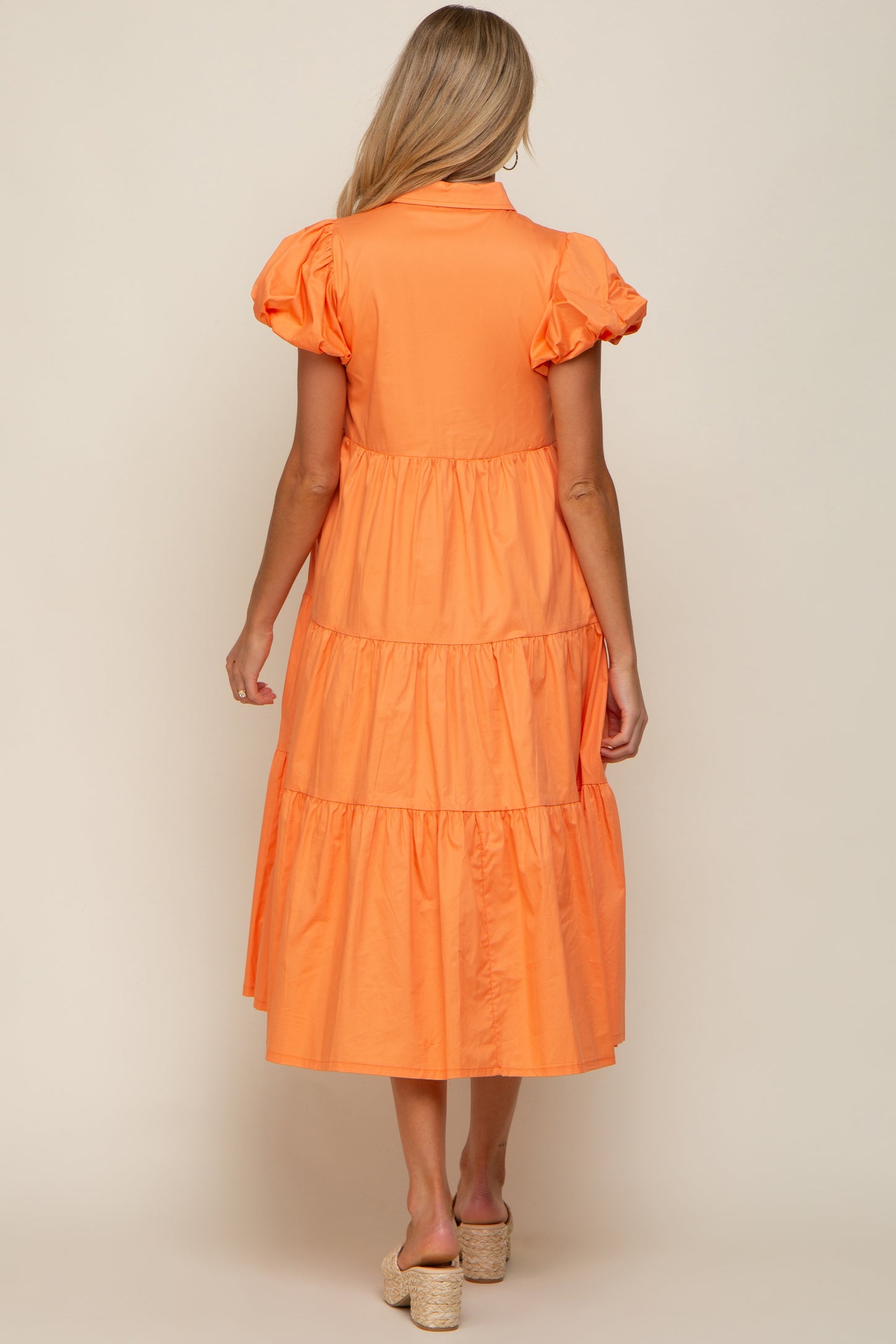 Orange Puff Sleeve Button Down Maternity Midi Dress