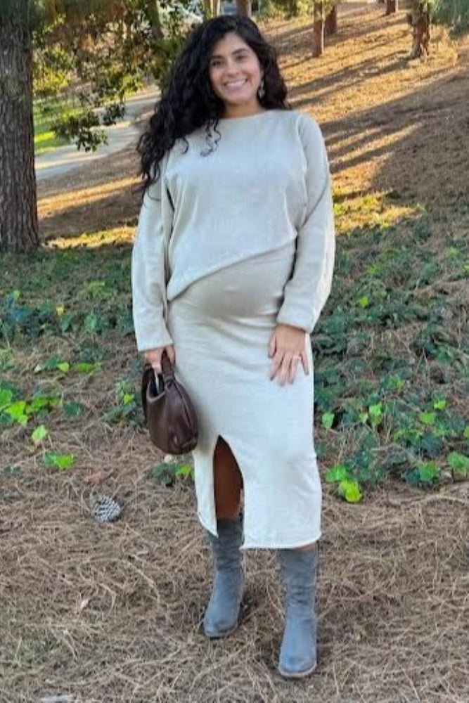 Beige Knit Long Sleeve Crop Top Maternity Midi Skirt Set