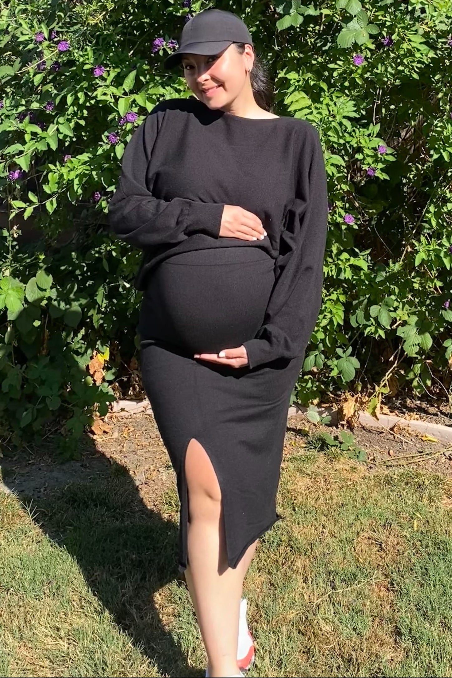Black Knit Long Sleeve Crop Top Maternity Midi Skirt Set
