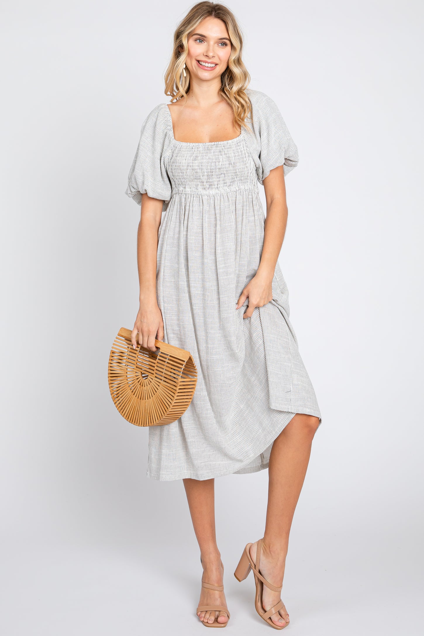 Ivory Striped Linen Smocked Short Puff Sleeve Midi Dress