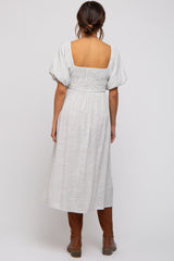 Ivory Striped Linen Smocked Short Puff Sleeve Maternity Midi Dress