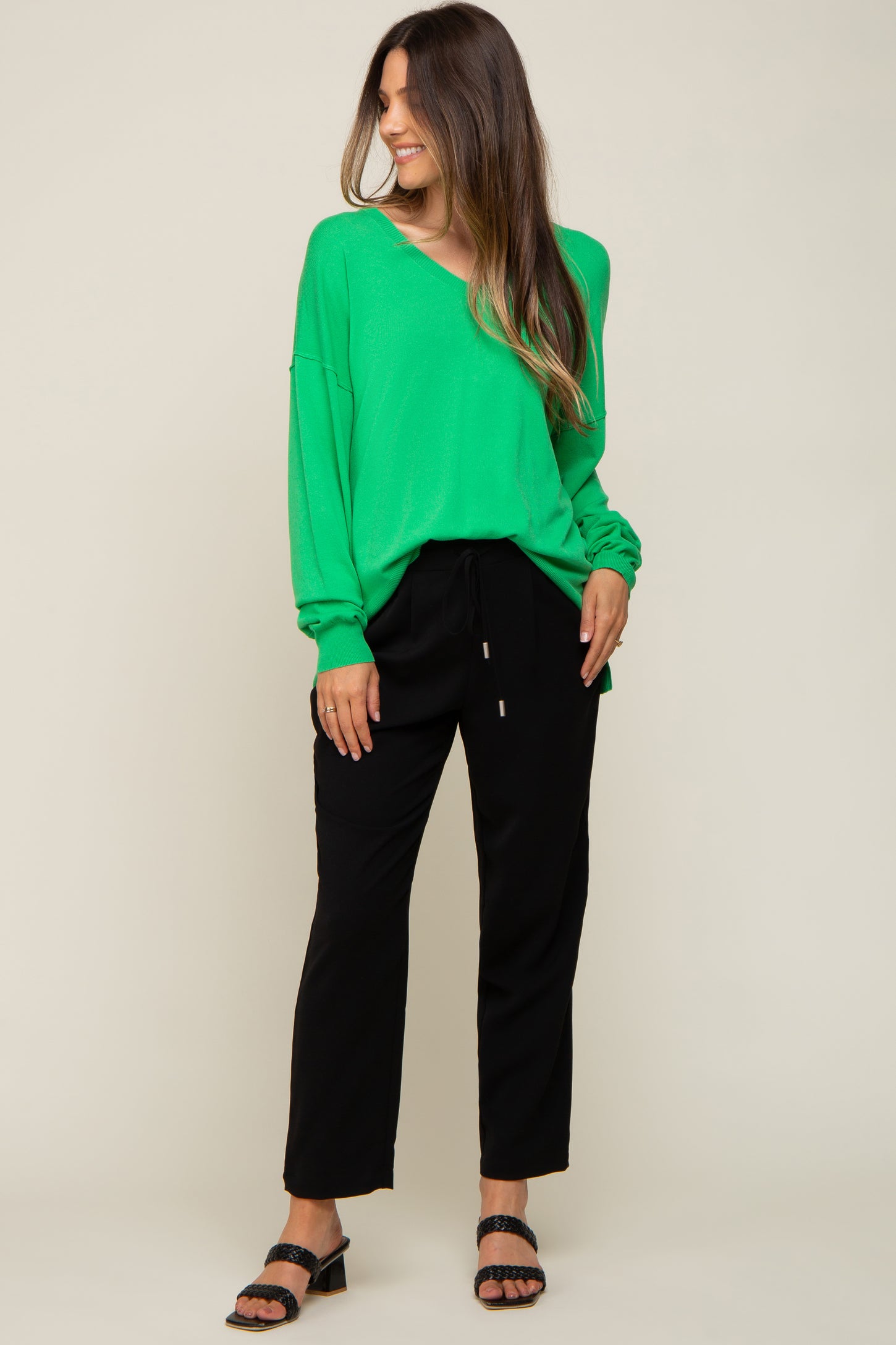 Green Knit V-Neck Long Sleeve Maternity Top