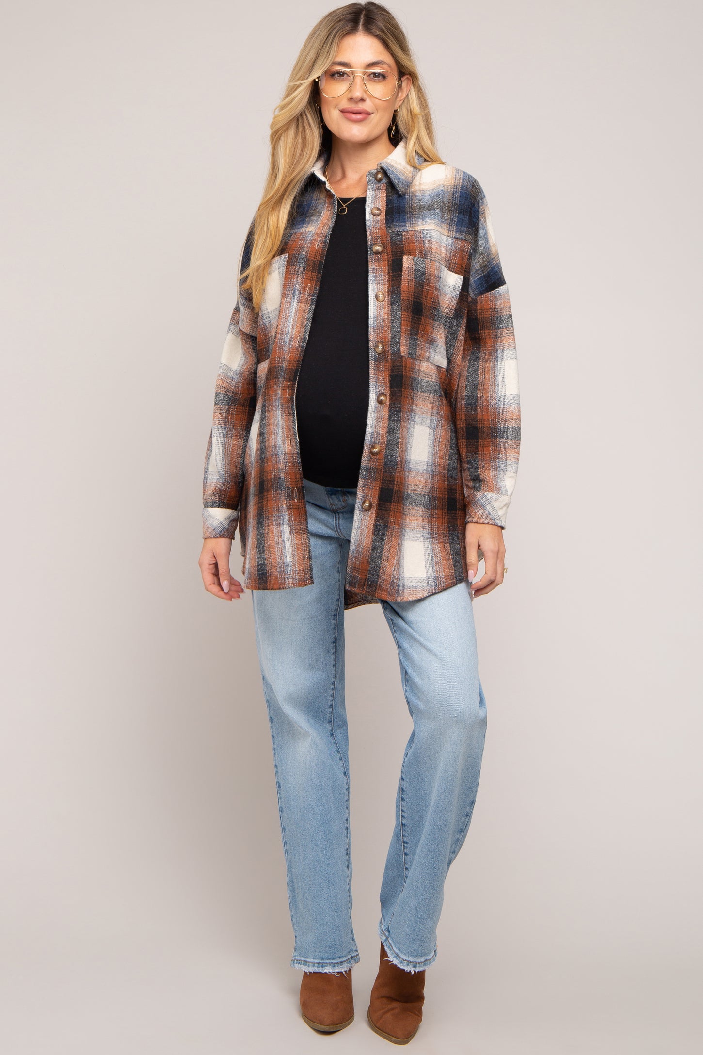 Rust Plaid Button Down Maternity Flannel