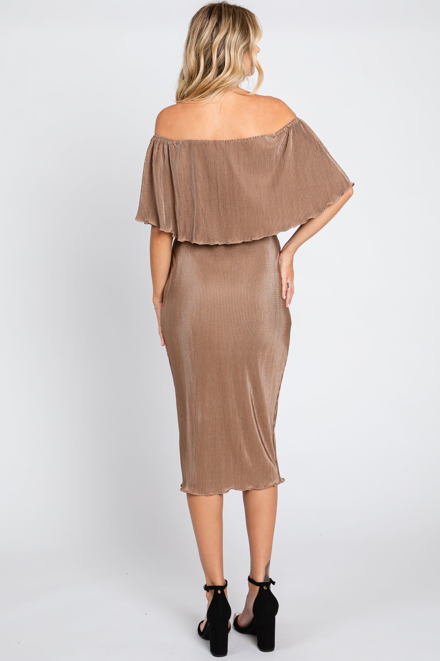 Mocha Pleated Rib Off Shoulder Dress