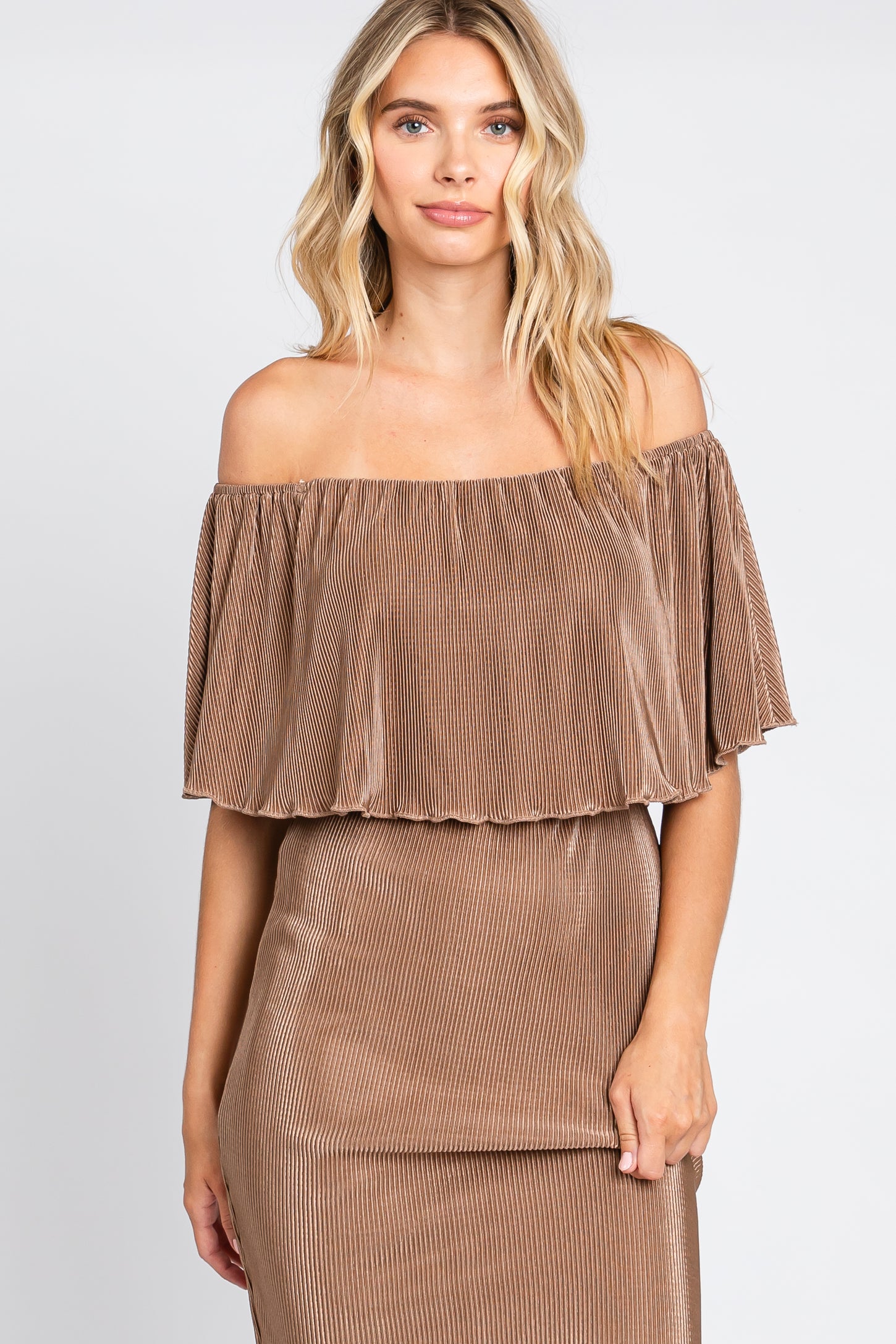 Mocha Pleated Rib Off Shoulder Dress