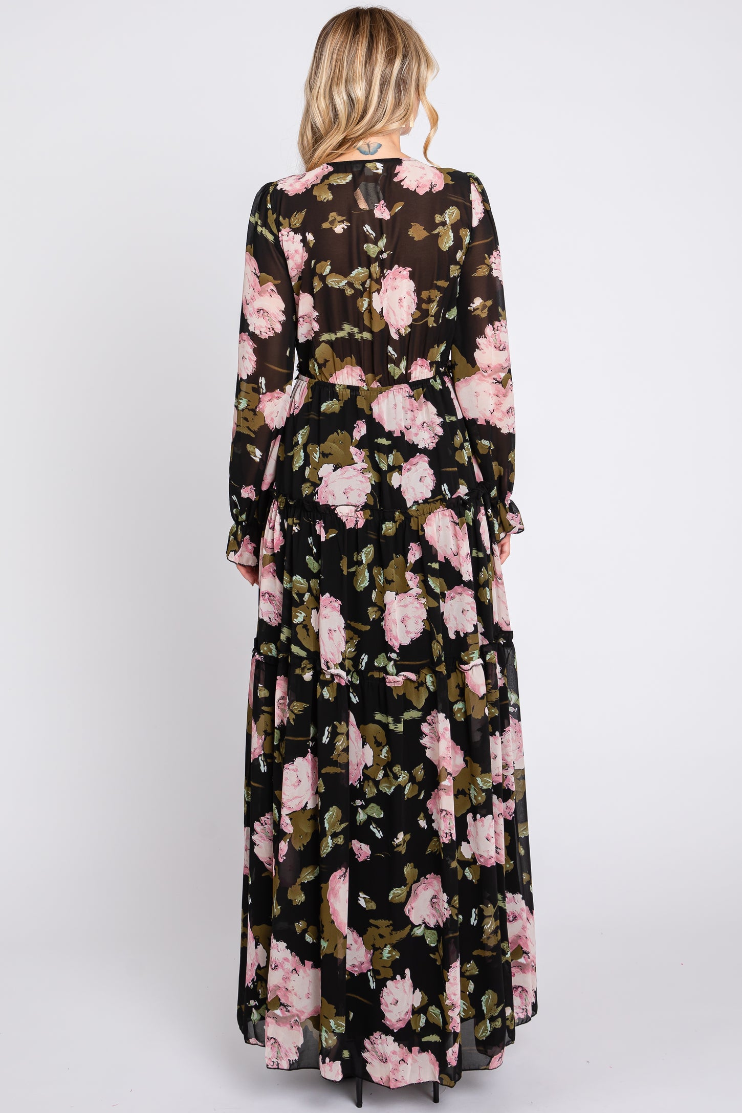 Black Floral Chiffon V-Neck Lettuce Edge Tiered Maxi Dress
