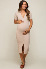 Taupe Collared Button Front Ribbed Maternity Midi Dress