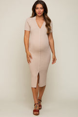 Taupe Collared Button Front Ribbed Maternity Midi Dress