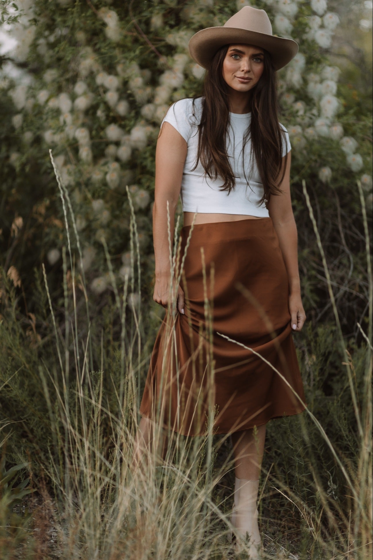 Camel Satin Midi Skirt