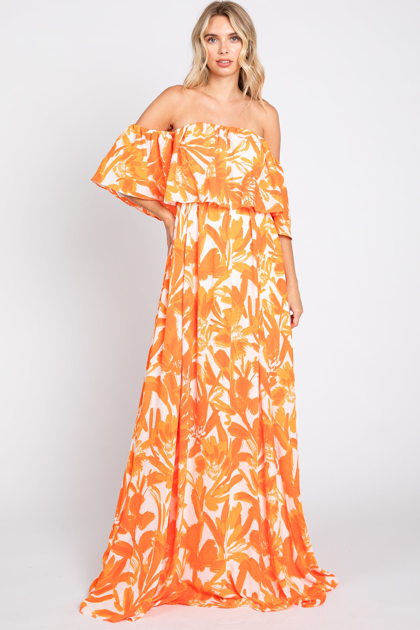 Orange Floral Off Shoulder Flounce Maxi Dress