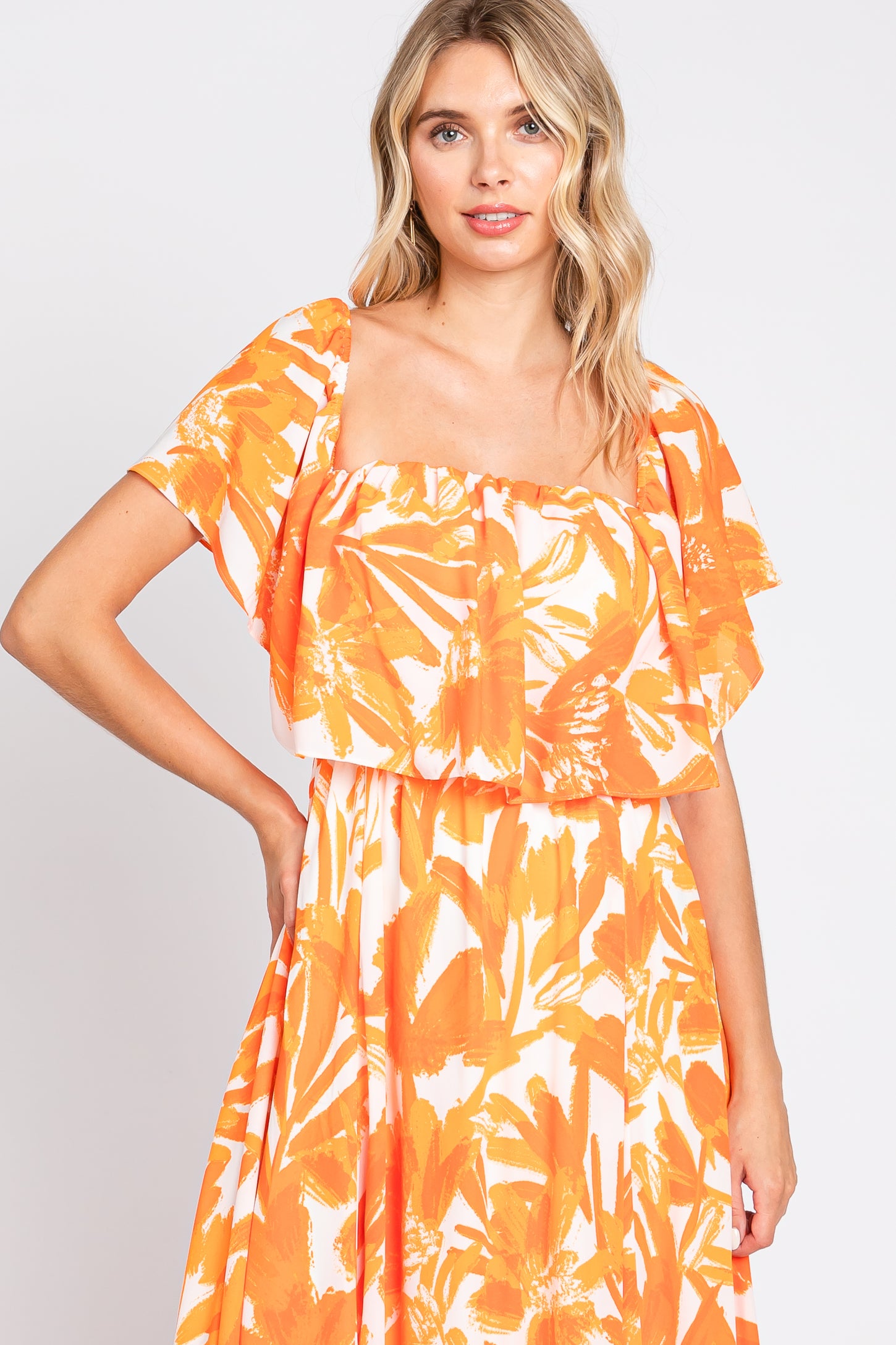 Orange Floral Off Shoulder Flounce Maxi Dress