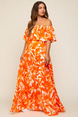 Orange Floral Off Shoulder Flounce Maternity Maxi Dress