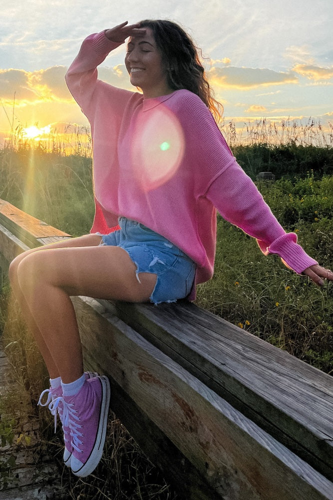 Pink Exposed Seam Side Slit Sweater