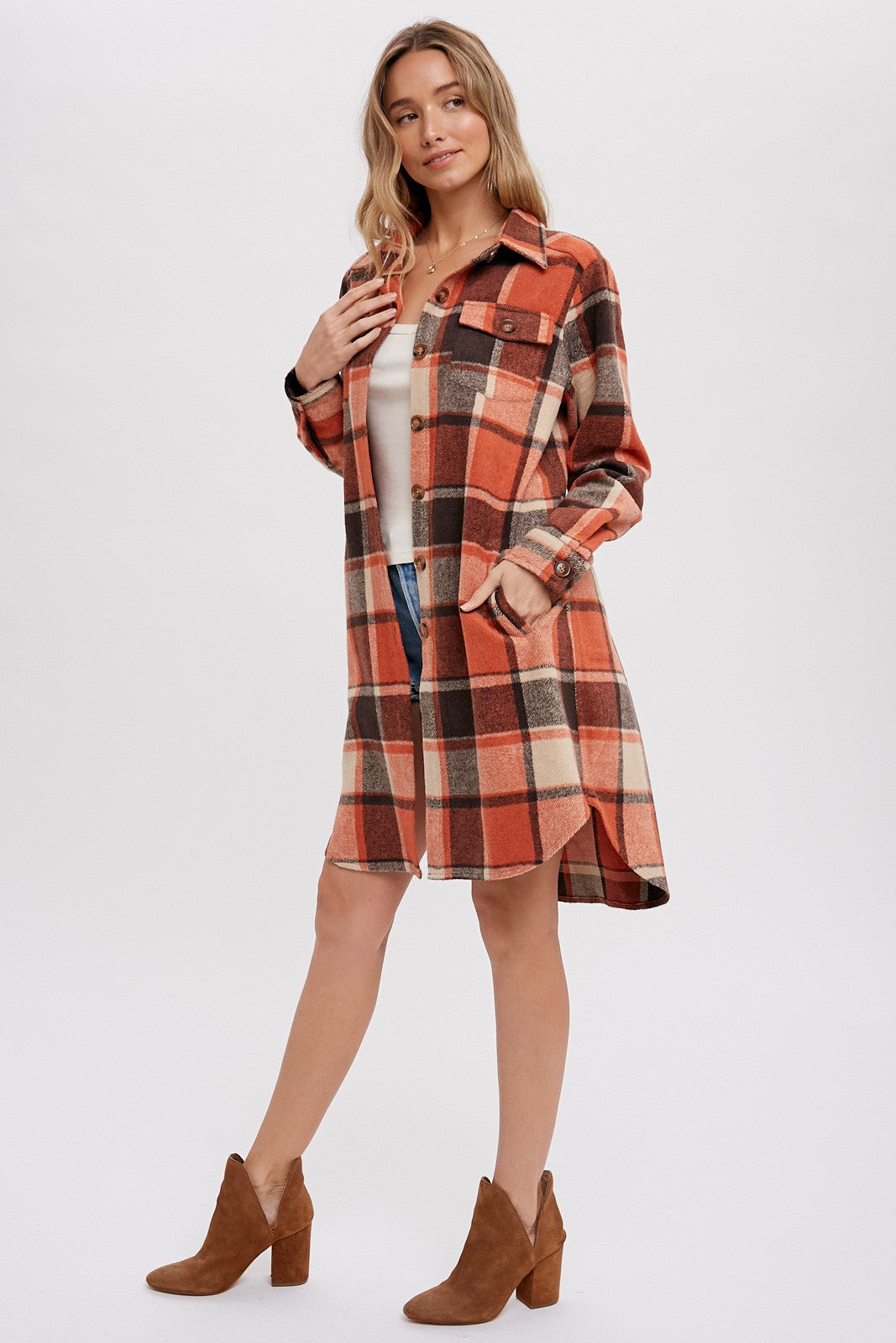 Rust Plaid Fleece Long Shirt Jacket
