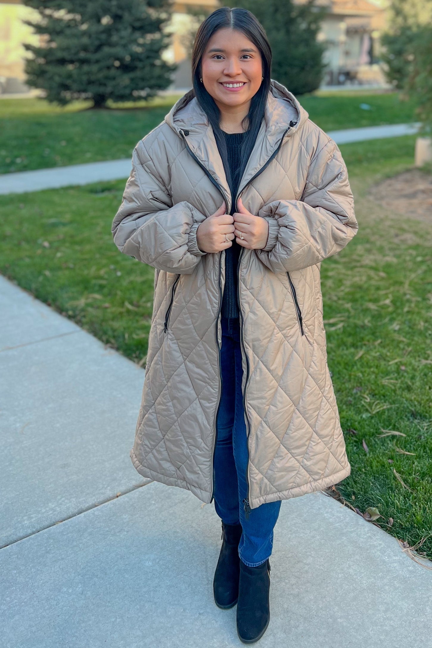 Light Taupe Quilted Long Puffer Jacket