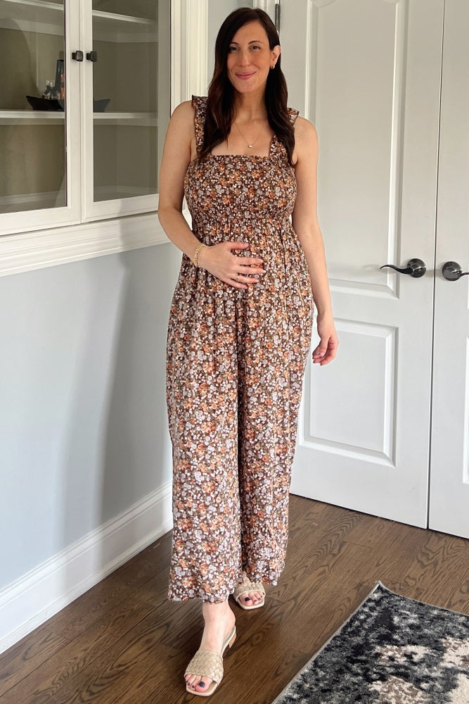 Mocha Sleeveless Floral Smocked Ruffle Maternity Jumpsuit