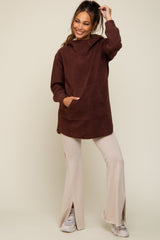 Brown Fleece Hooded Long Maternity Sweater