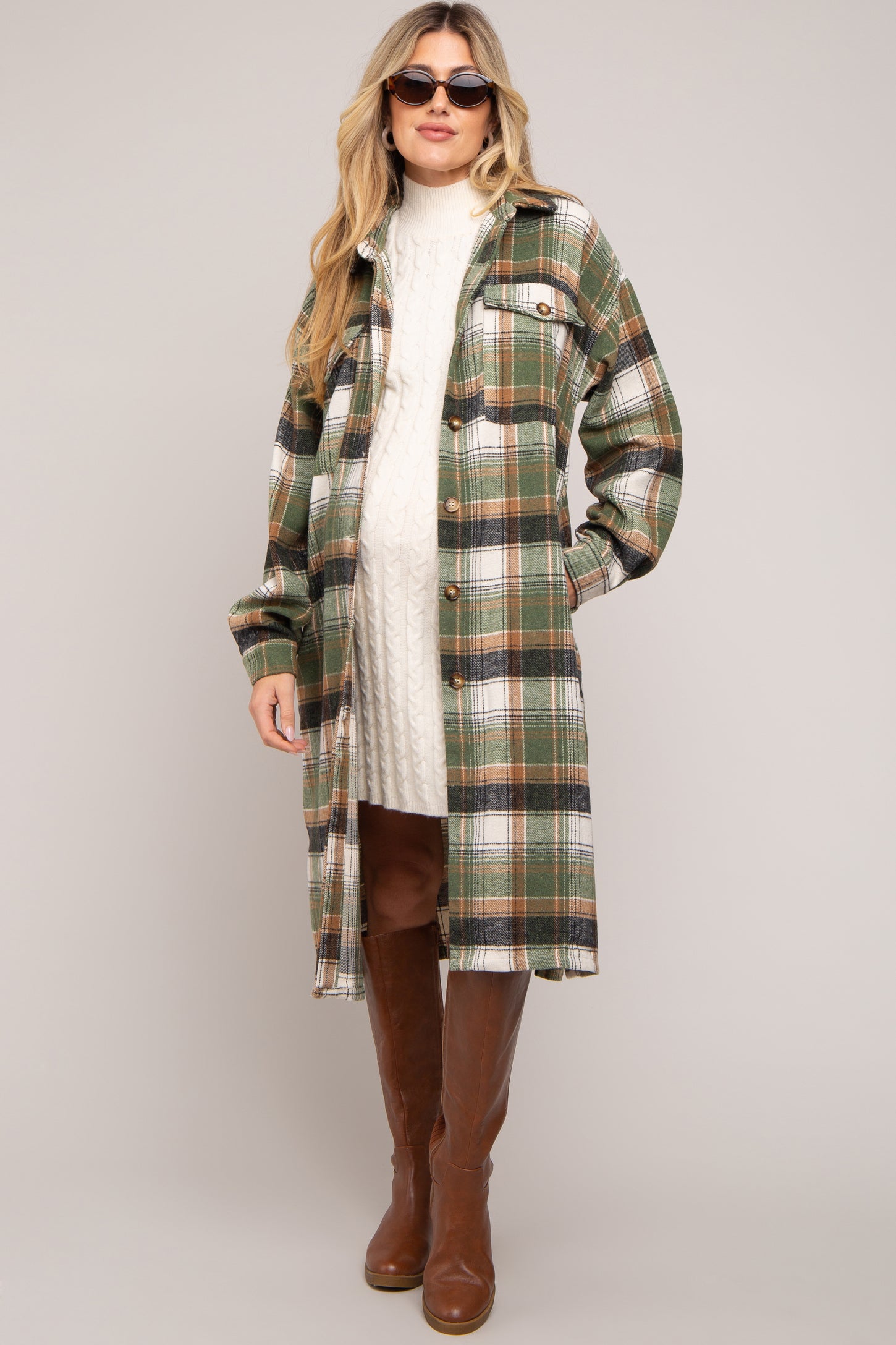 Olive Plaid Button Front Long Maternity Coat