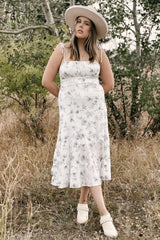 White Floral Sleeveless Back Smocking Slit Maxi Dress