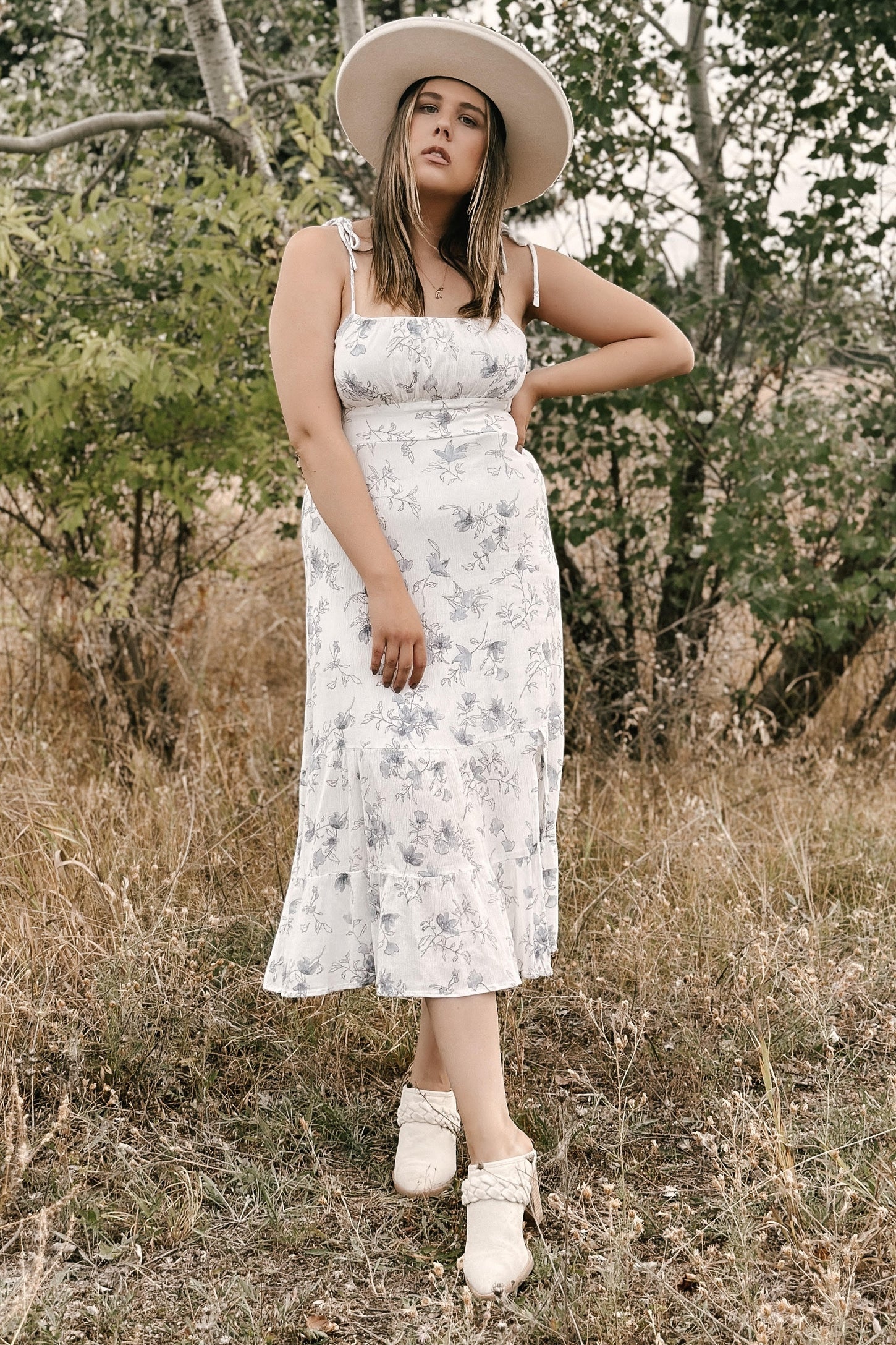 White Floral Sleeveless Back Smocking Slit Maxi Dress