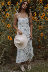 White Floral Sleeveless Back Smocking Slit Maxi Dress