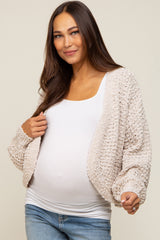 Beige Cropped Chunky Open Knit Maternity Cardigan