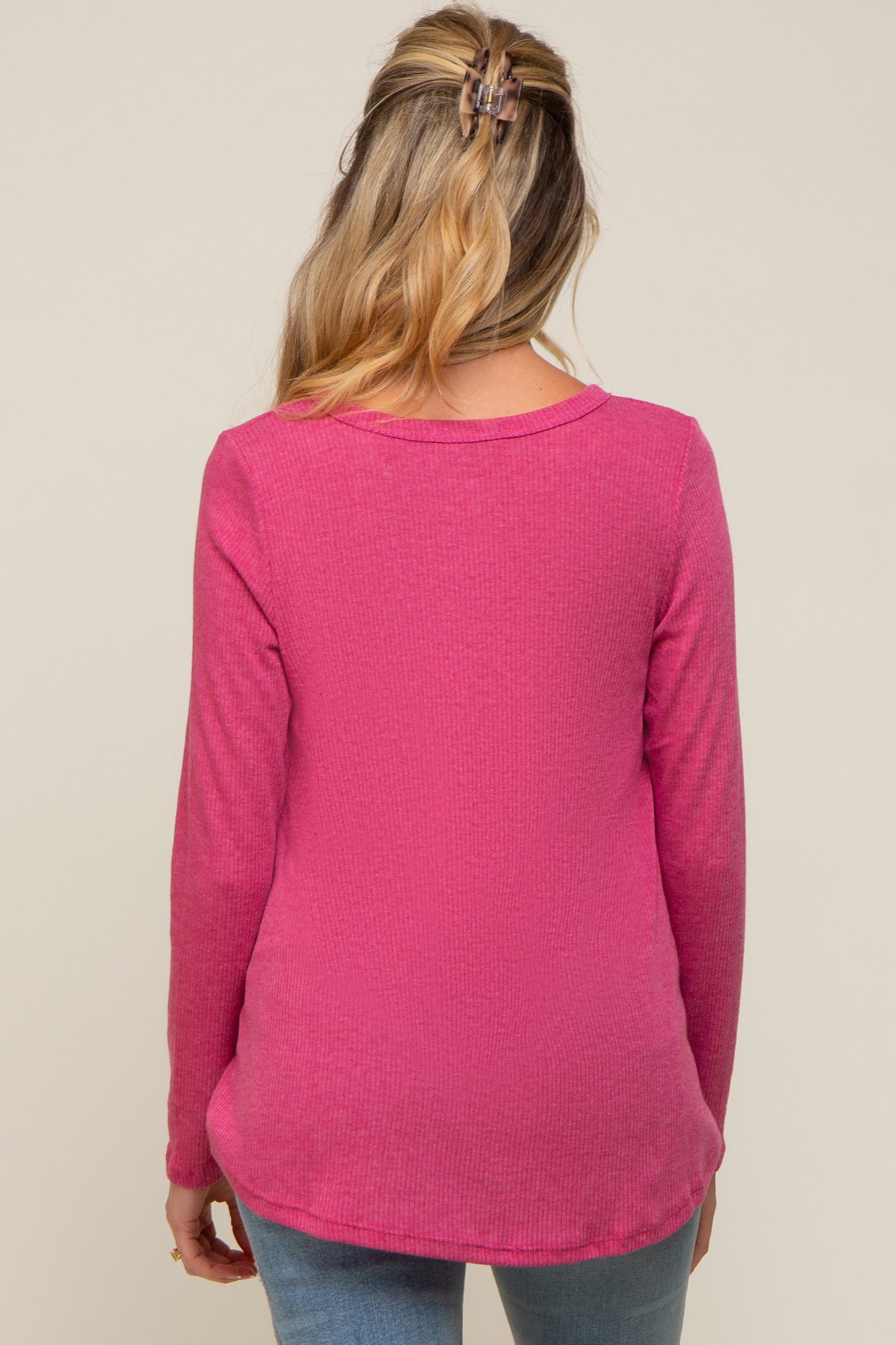 Fuchsia Ribbed Knit Maternity Long Sleeve Top