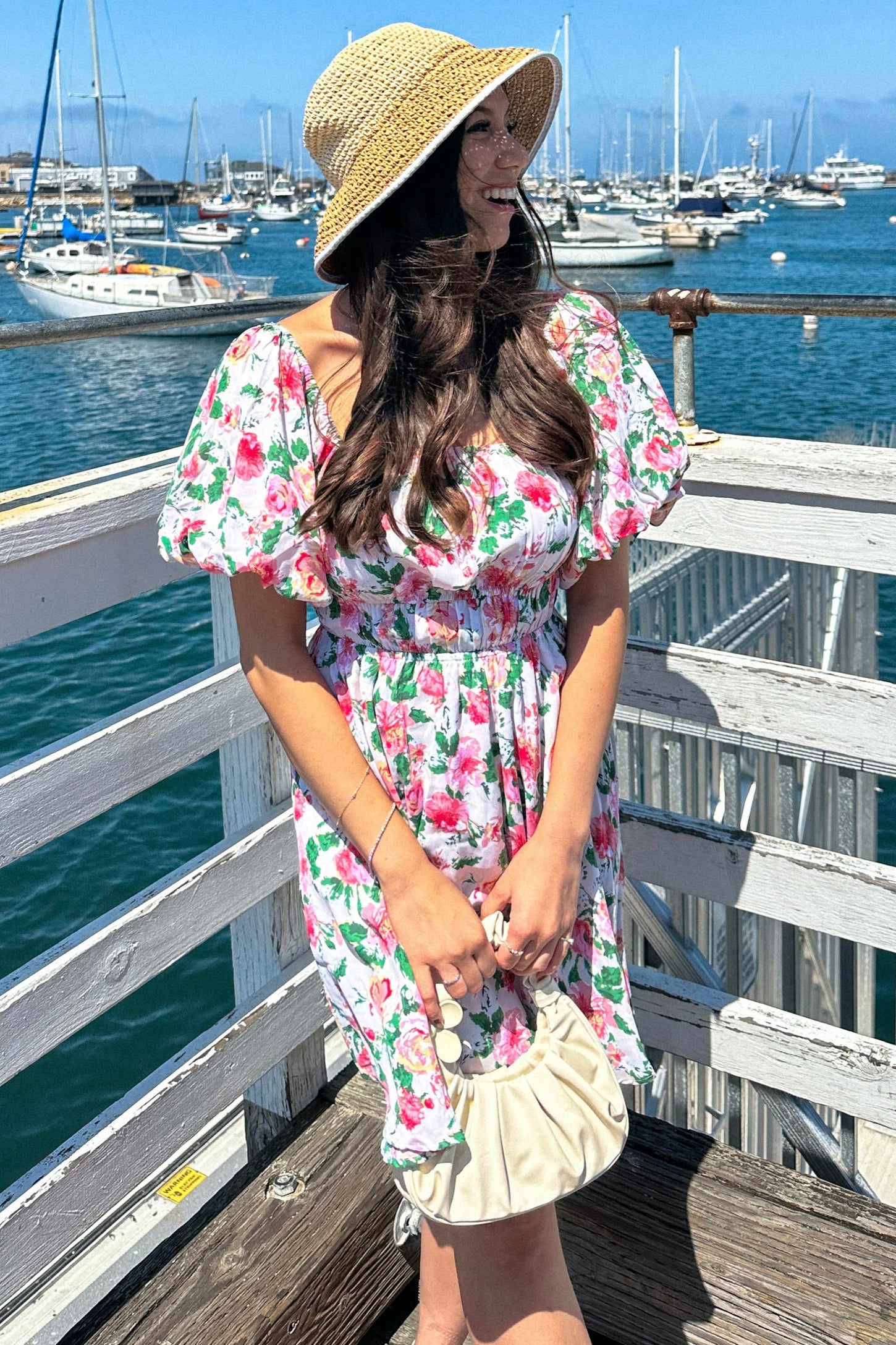 Cream Flower Print Square Neck Cinched Dress