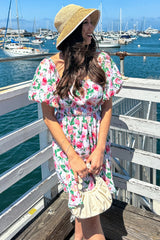 Cream Flower Print Square Neck Cinched Dress