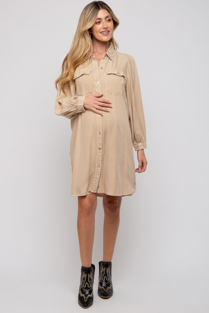 Beige Vintage Wash Maternity Shirt Dress