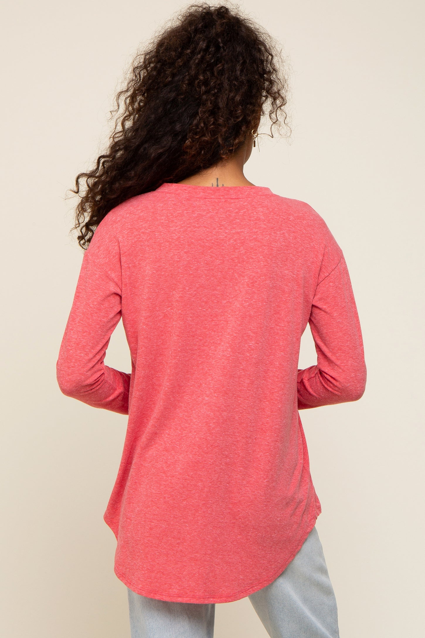 Red Long Sleeve Curved Hem Top