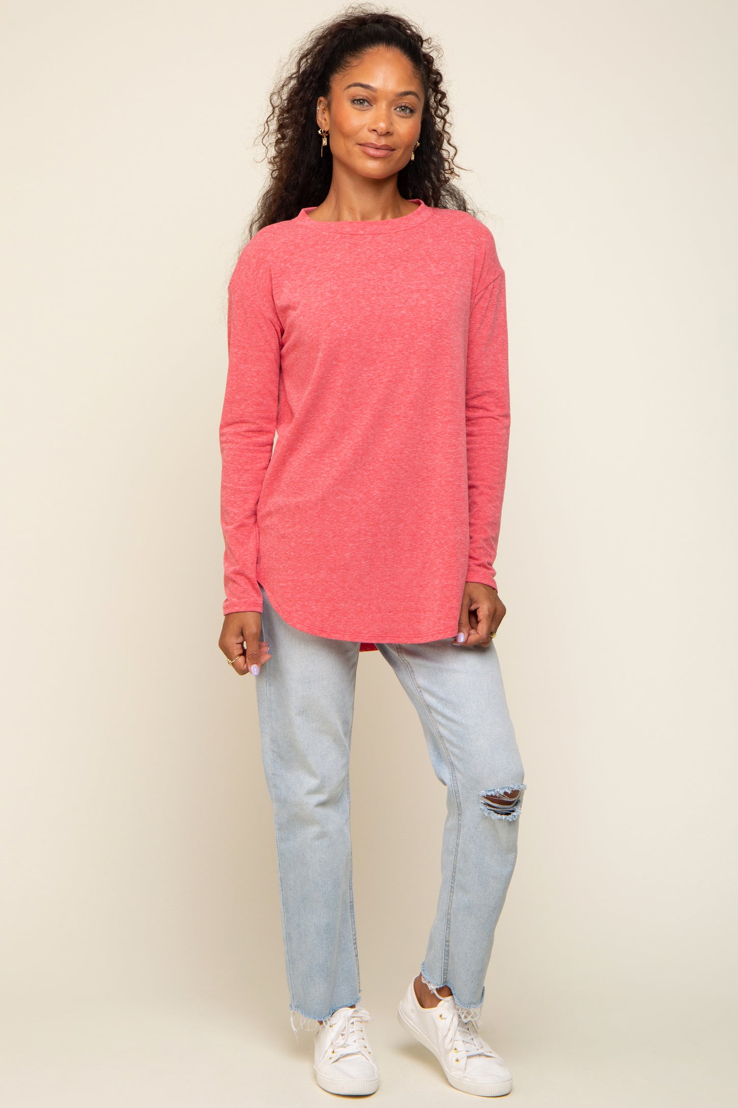 Red Long Sleeve Curved Hem Top