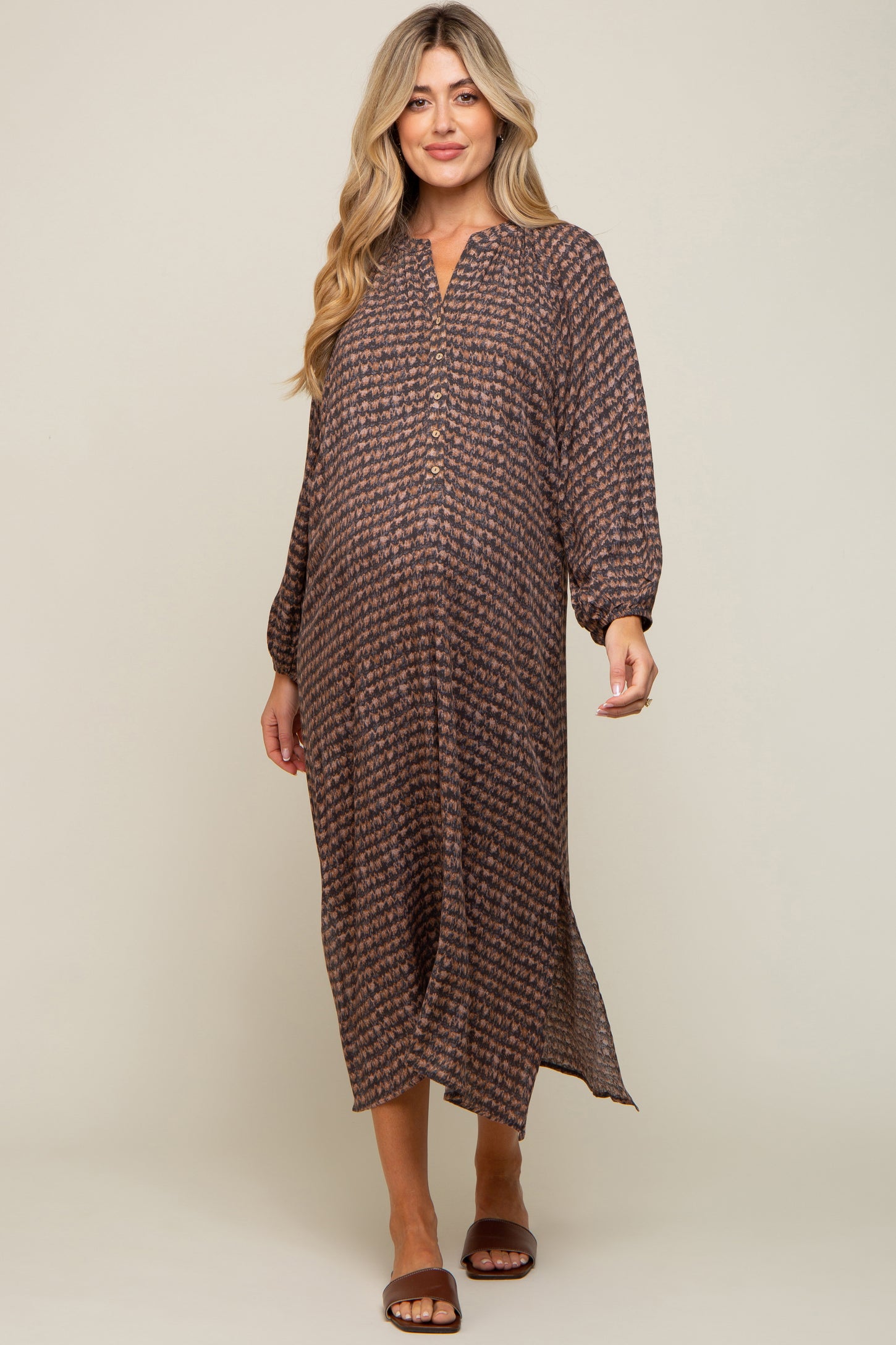 Charcoal Button Down 3/4 Sleeve Maternity Midi Dress