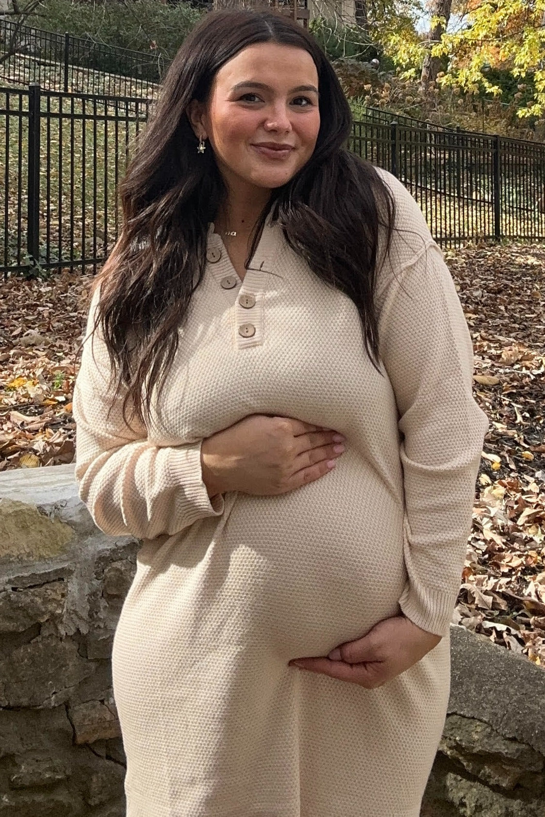 Cream Waffle Knit Button Long Sleeve Maternity Midi Dress