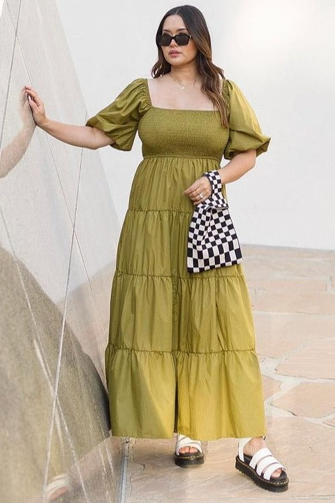 Light Olive Square Neck Smocked Puff Short Sleeve Tiered Midi Dress