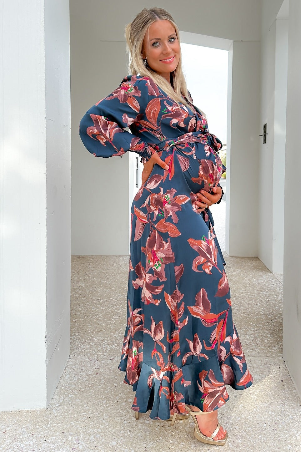 Dark Teal Satin Asymmetrical Flounce Trim Maternity Midi Dress