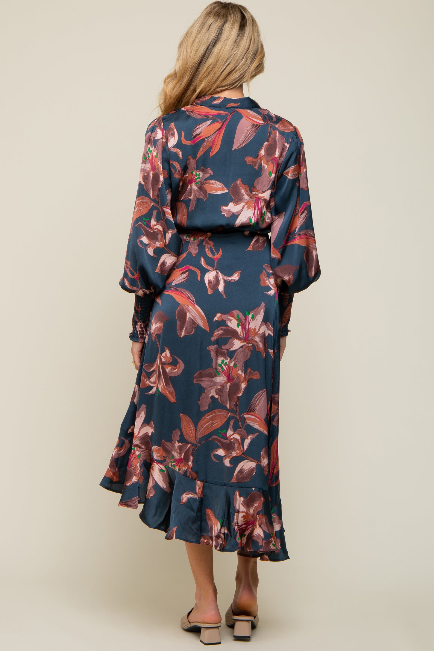 Dark Teal Satin Asymmetrical Flounce Trim Maternity Midi Dress