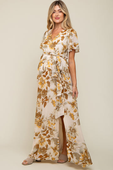 Cream Floral V-Neck Side Slit Maternity Dress