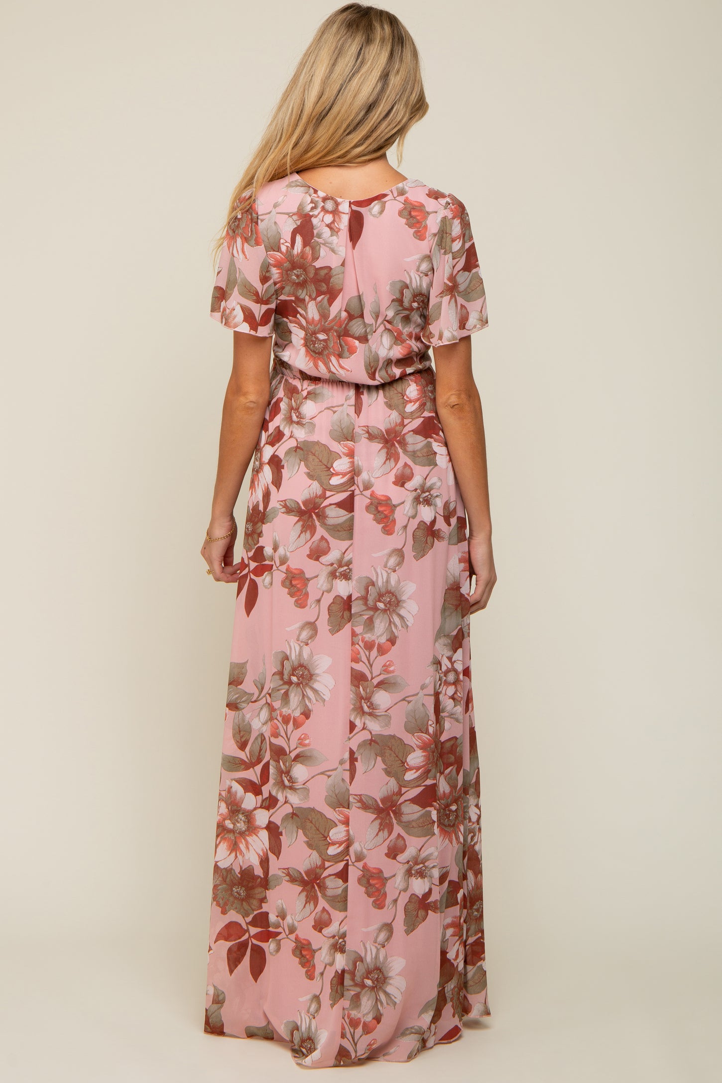 Mauve Floral V-Neck Side Slit Maternity Dress