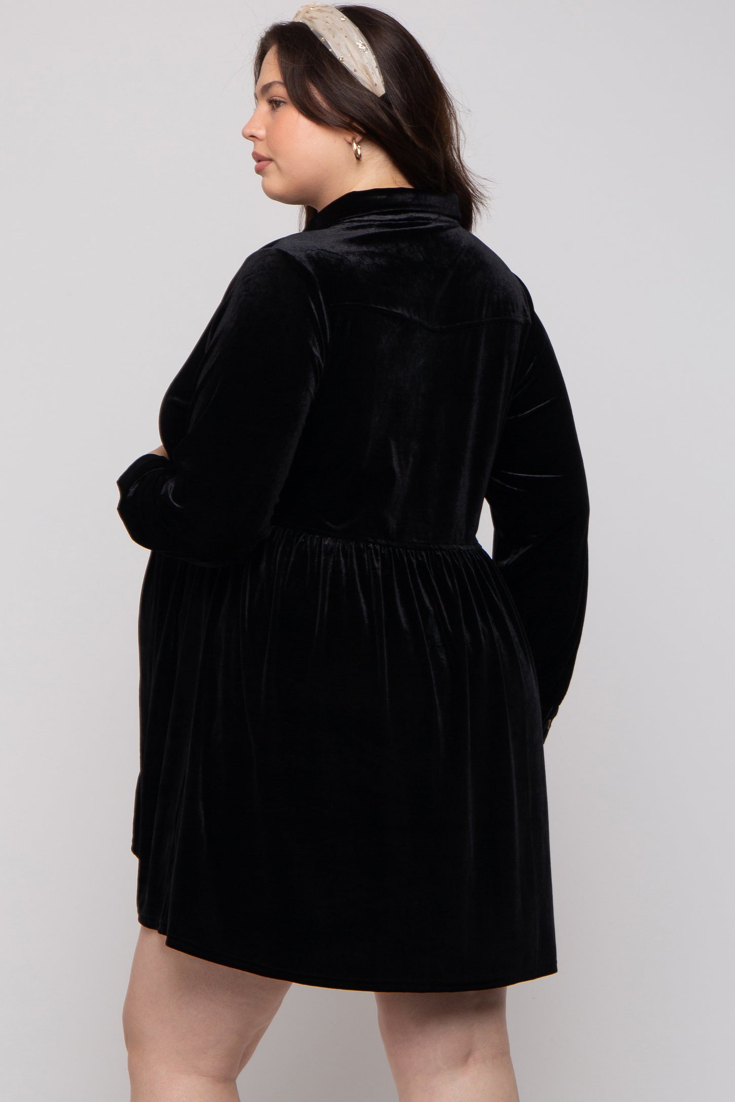 Black Velvet Button Down Maternity Plus Mini Dress