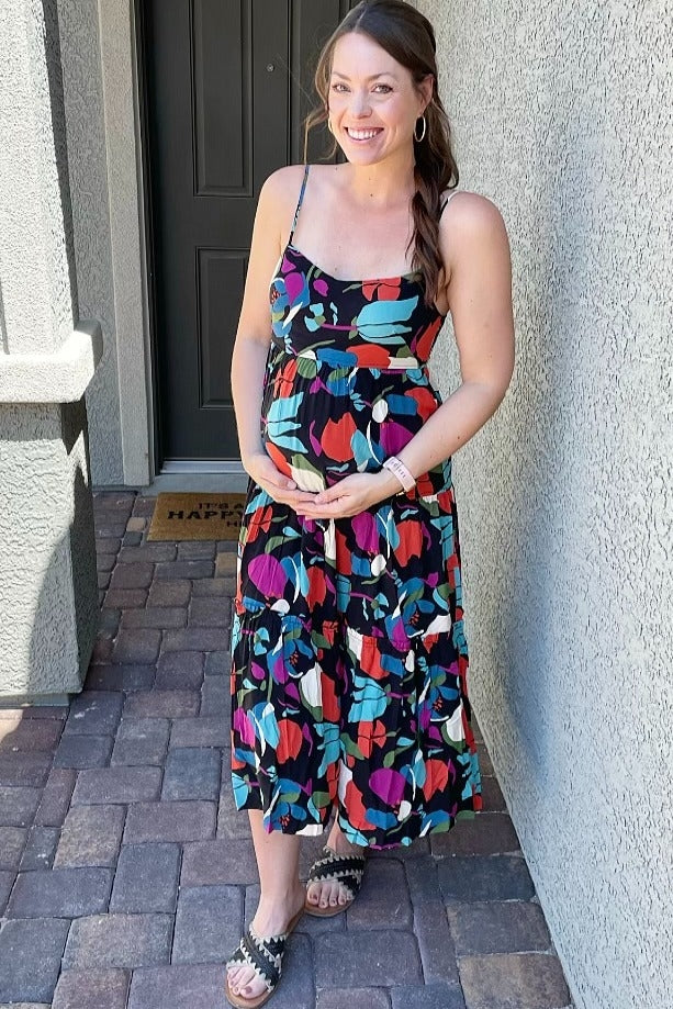 Black Printed Tiered Maternity Midi Dress