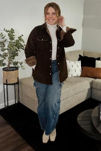 Brown Corduroy Sherpa Lined Shacket